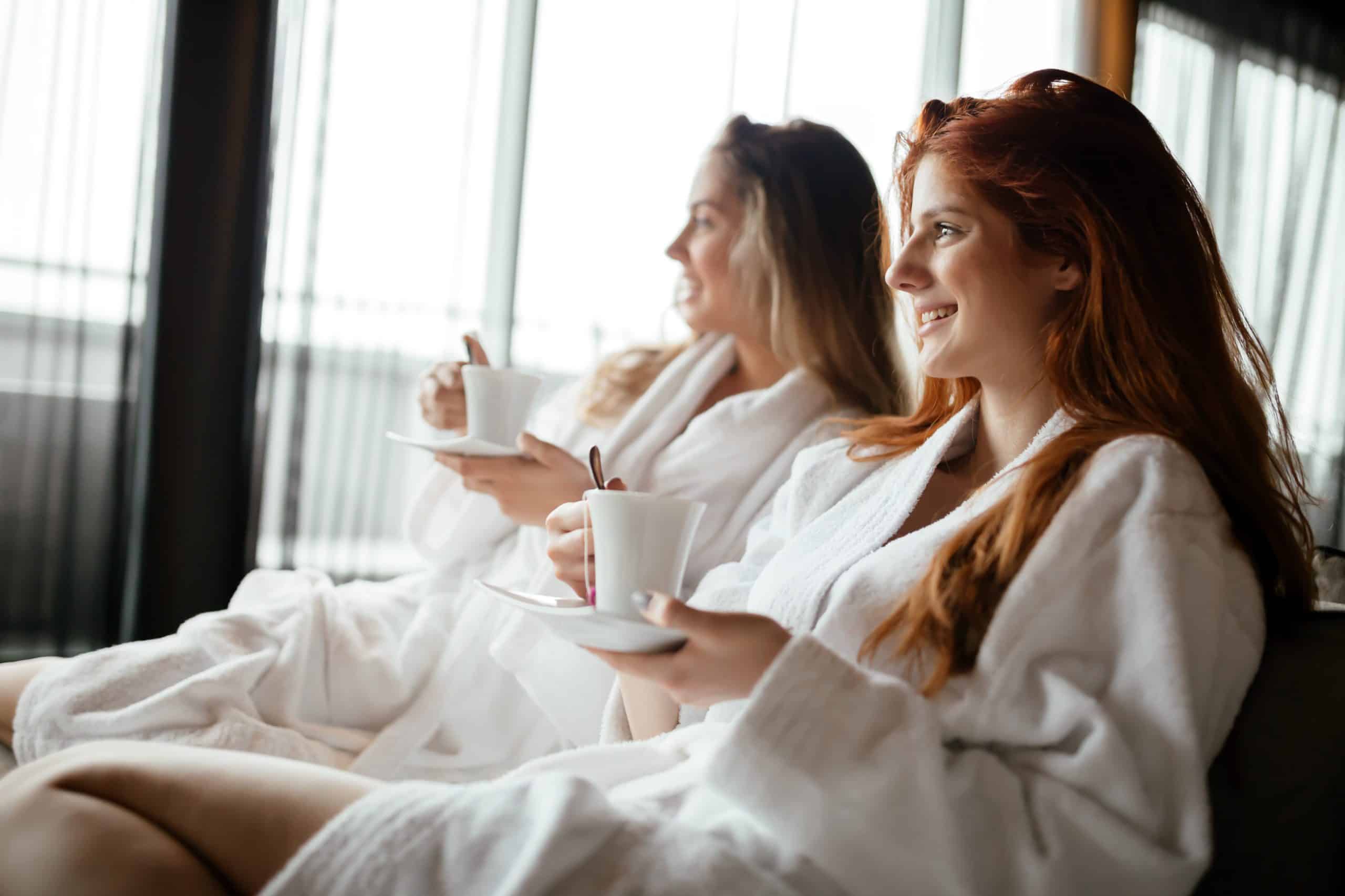 two women enjoying tea at the spa on a bachelorette weekend