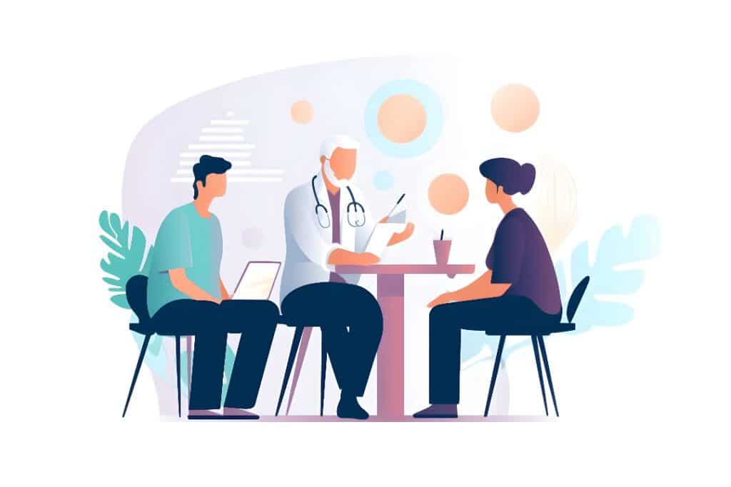 Illustration of doctor sitting with patients discussing treatment
