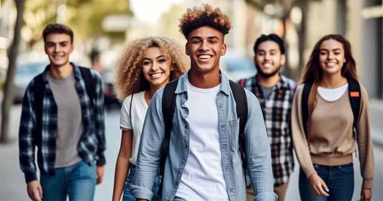 Young people walking together and smiling